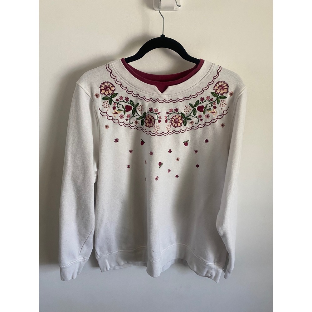 C&K‎ Designs Vintage Floral Embroidered Sweatshirt White Burgundy XL Cottagecore